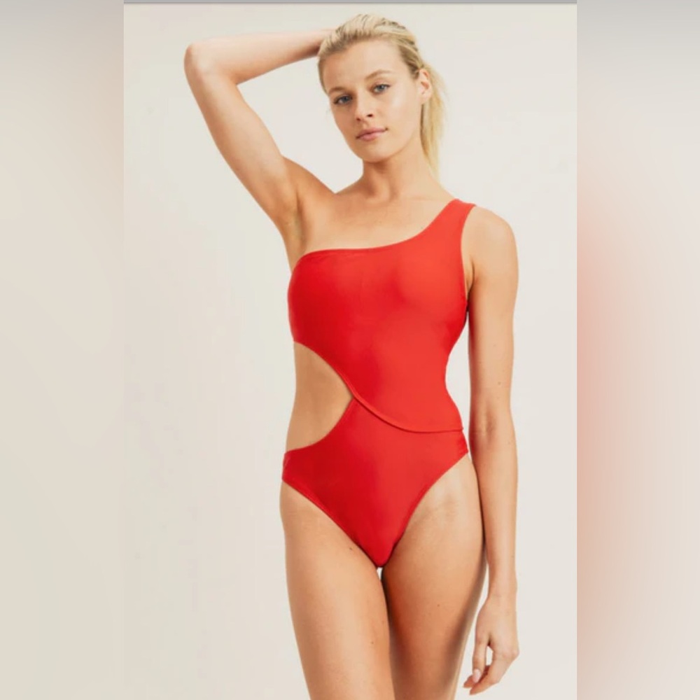 Mono b Red off the shoulder one piece swim suit NWT Small